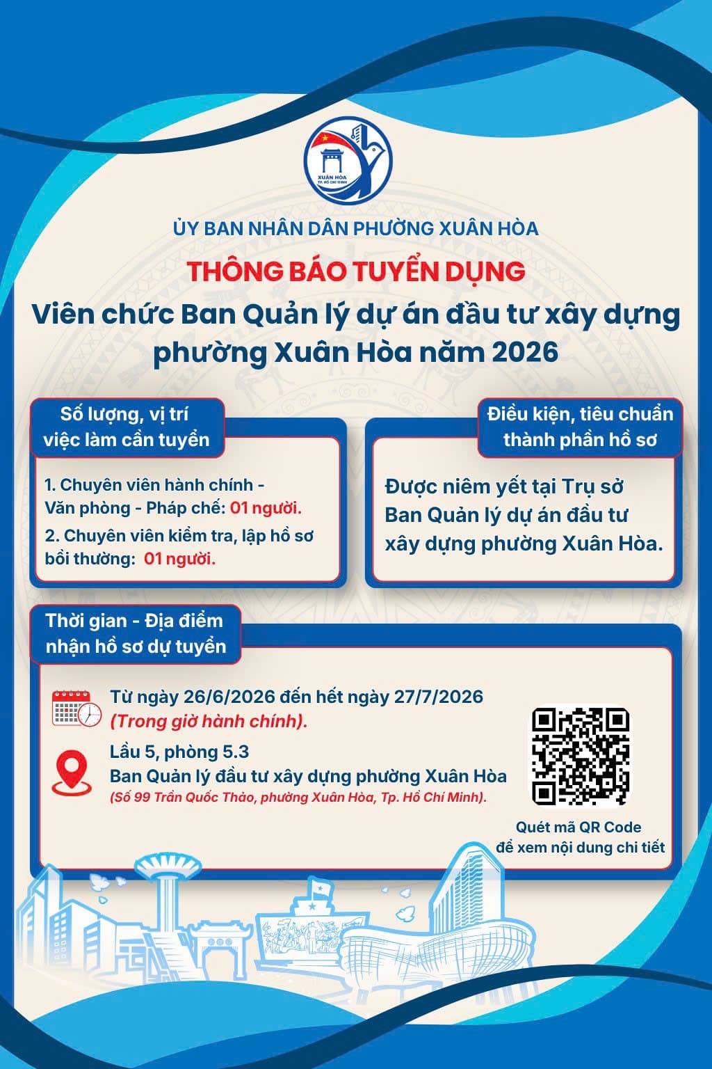 Ban quản lý đầu tư xây dựng phường Xuân Hòa tuyển dụng viên chức